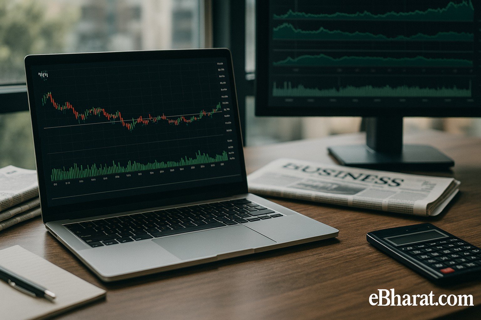 Trading desk with laptop showing candlestick chart, financial newspapers, calculator, and pen during market hours, symbolizing Nifty futures and rangebound trade.