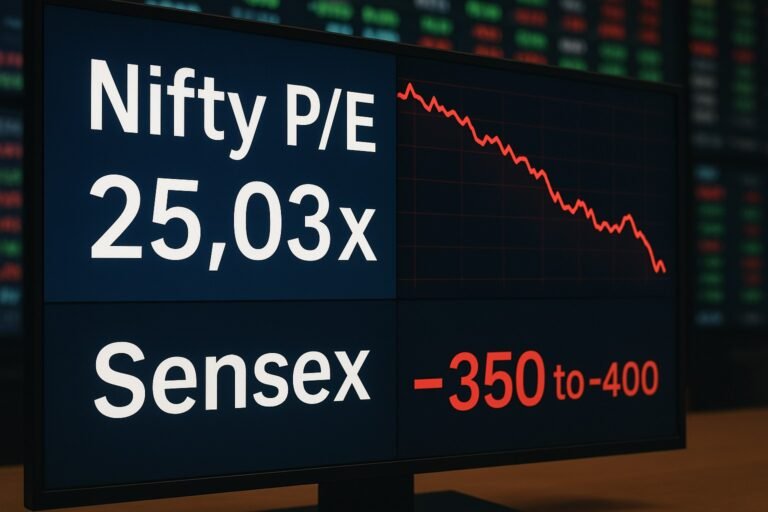 Digital display showing Nifty P/E at 25.03× and Sensex down 350–400 points with a red falling trendline, symbolizing stock market decline.