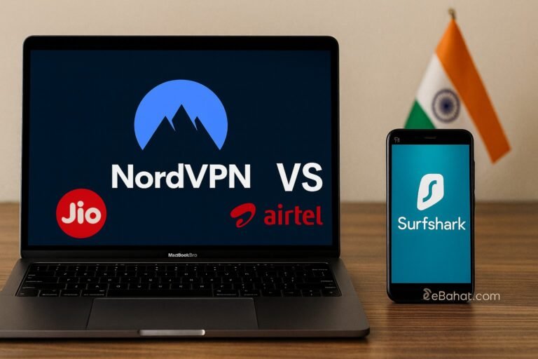 Realistic image showing NordVPN and Surfshark dashboards on laptops, Jio and Airtel WiFi router, and smartphone speed test app, symbolizing VPN speed comparison in India 2025.