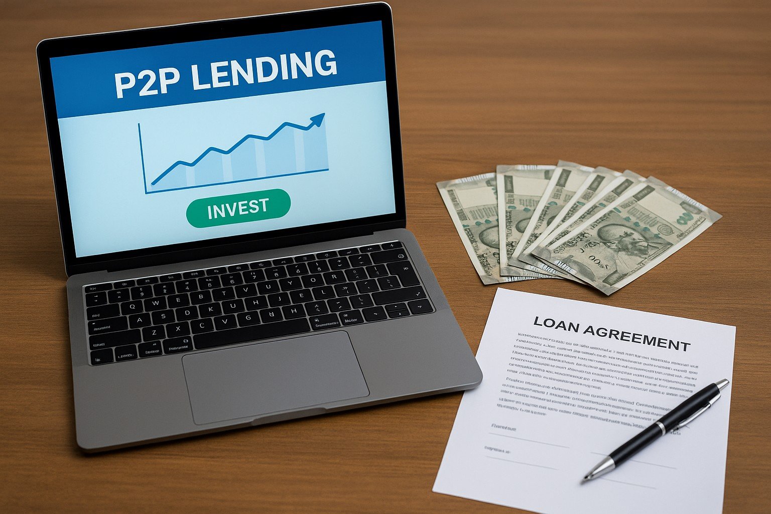 Laptop showing a P2P lending dashboard on a desk with Indian rupee notes, loan agreements, and a calculator — concept of peer-to-peer lending in India.