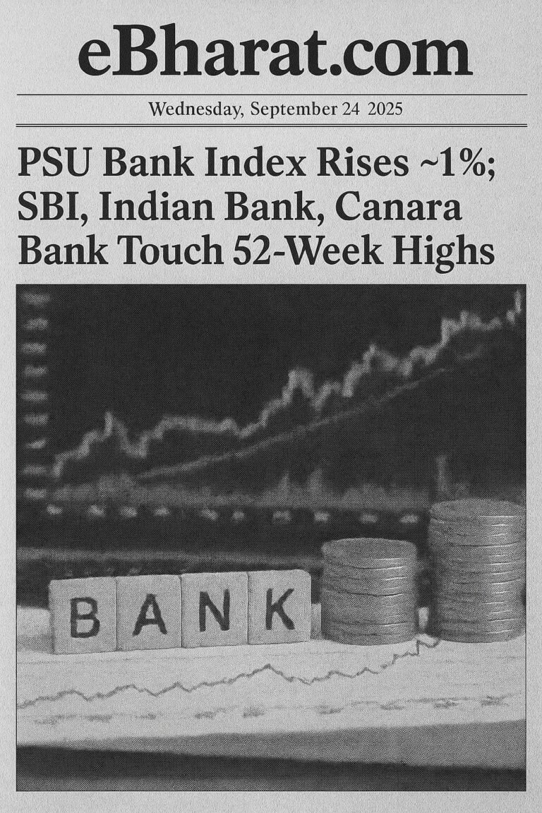 Newspaper-style financial article front page showing PSU Bank index rise of ~1%, with SBI, Indian Bank, and Canara Bank at 52-week highs, dated September 24, 2025, and marked with eBharat.com.
