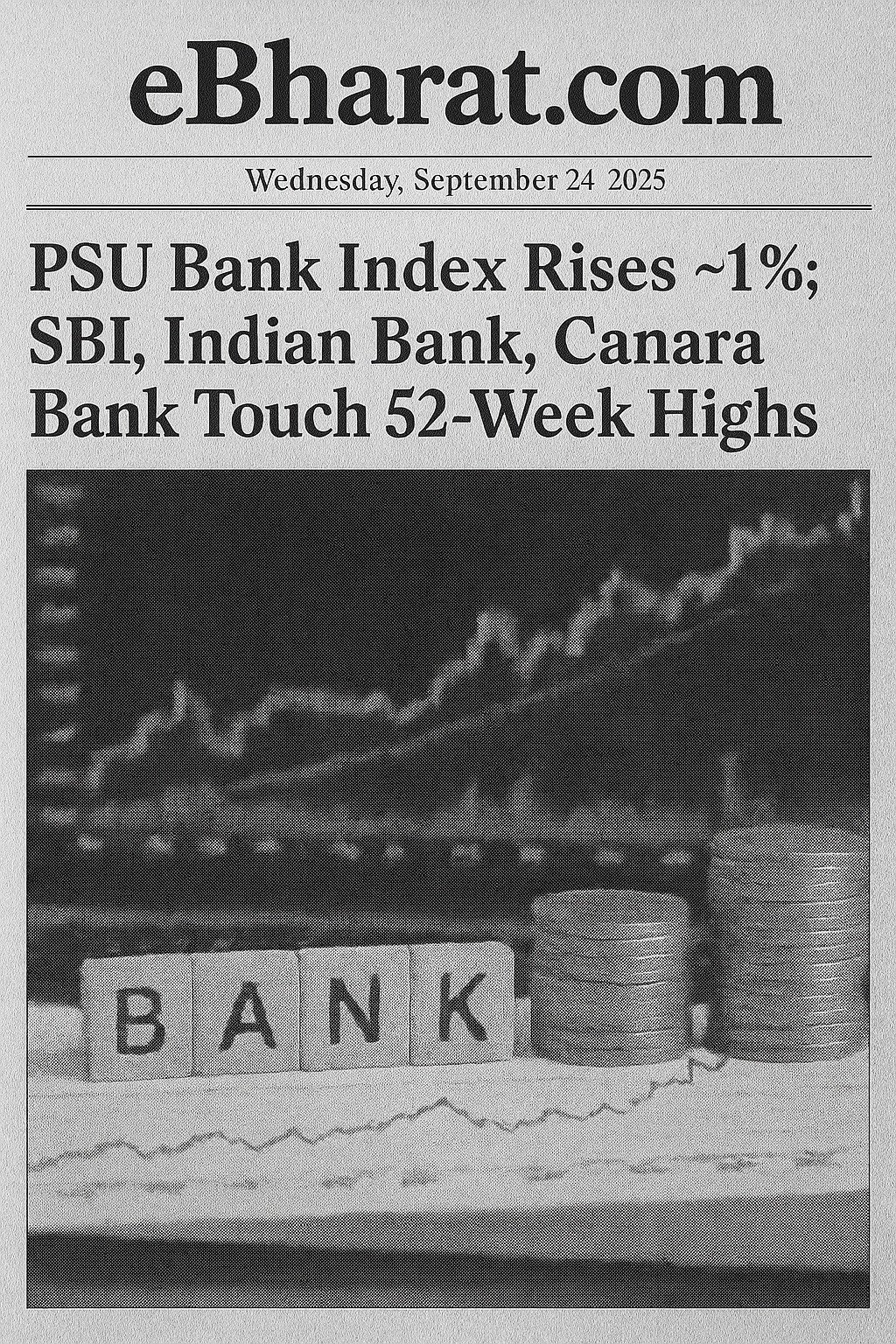 Newspaper-style financial article front page showing PSU Bank index rise of ~1%, with SBI, Indian Bank, and Canara Bank at 52-week highs, dated September 24, 2025, and marked with eBharat.com.