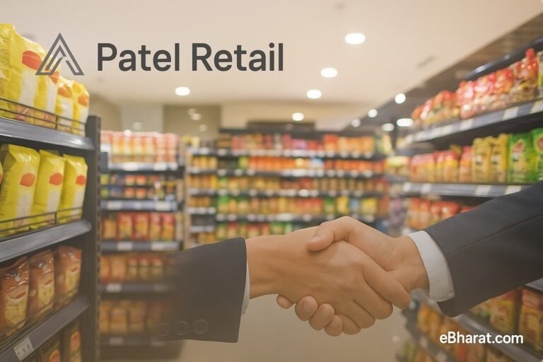 Patel Retail logo with a handshake overlaid on a modern grocery store aisle, symbolizing the company’s 46th store opening in Kalyan East. eBharat.com watermark bottom-right.