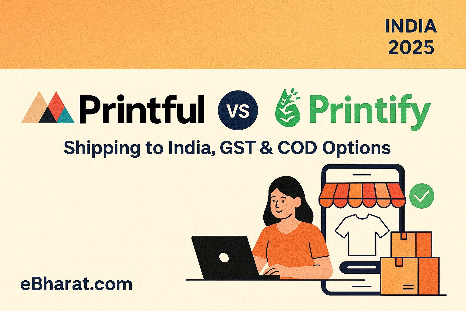Comparison graphic showing Printful vs Printify for India 2025 with focus on shipping, GST billing, and COD options for Indian POD sellers.