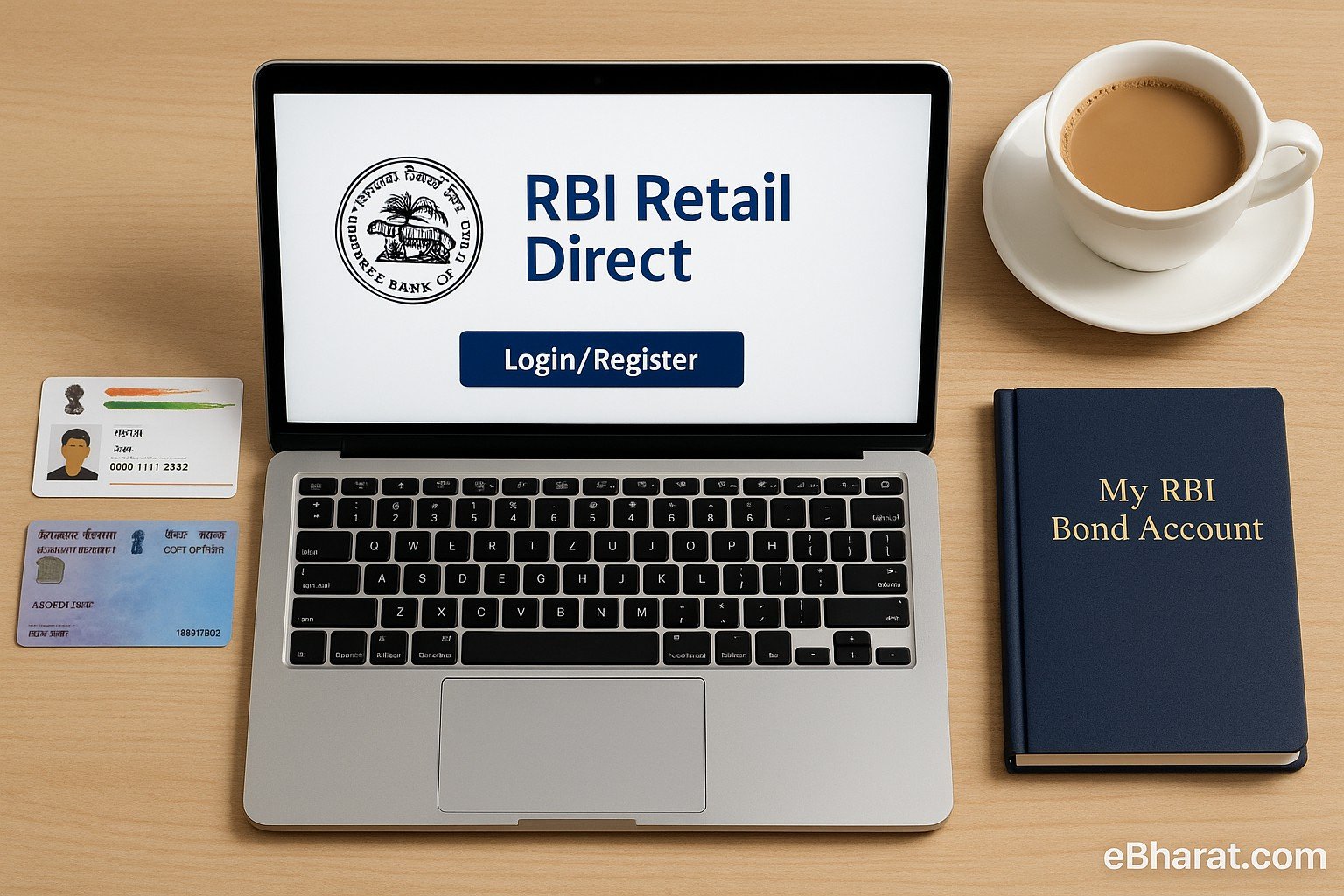 Laptop showing RBI Retail Direct portal with Aadhaar and PAN cards placed beside it, symbolizing account setup.