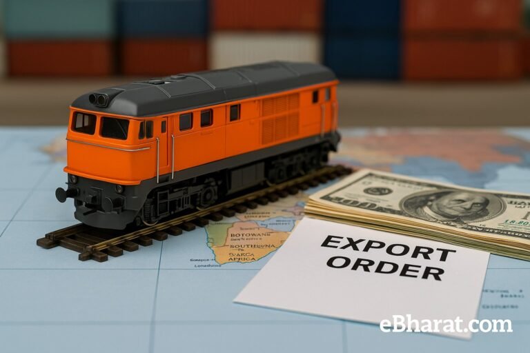 Model of a diesel-electric locomotive on Africa map with US dollar bills and export order document, symbolizing RITES’ $18m South Africa order.