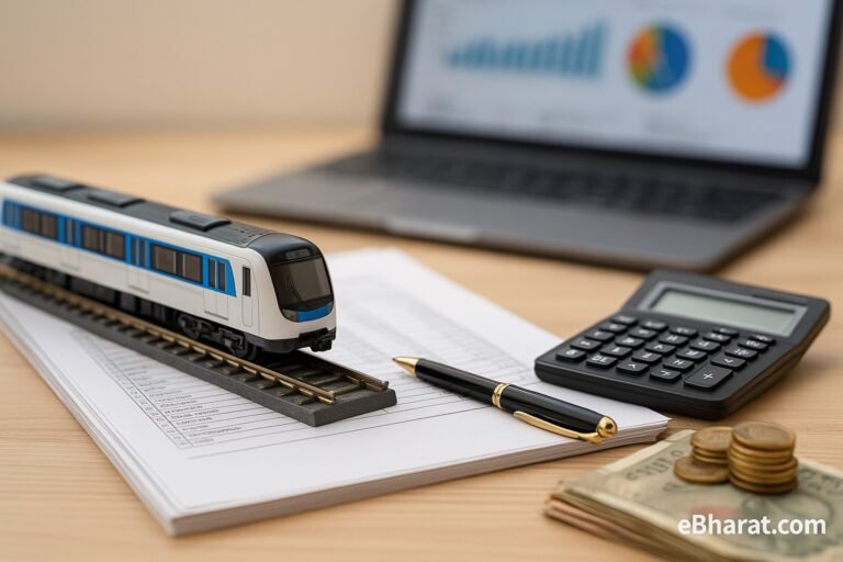 Realistic photo showing a miniature railway track and metro coach model on project papers with calculator, pen, and rupee notes, symbolizing RVNL’s order-book analysis.