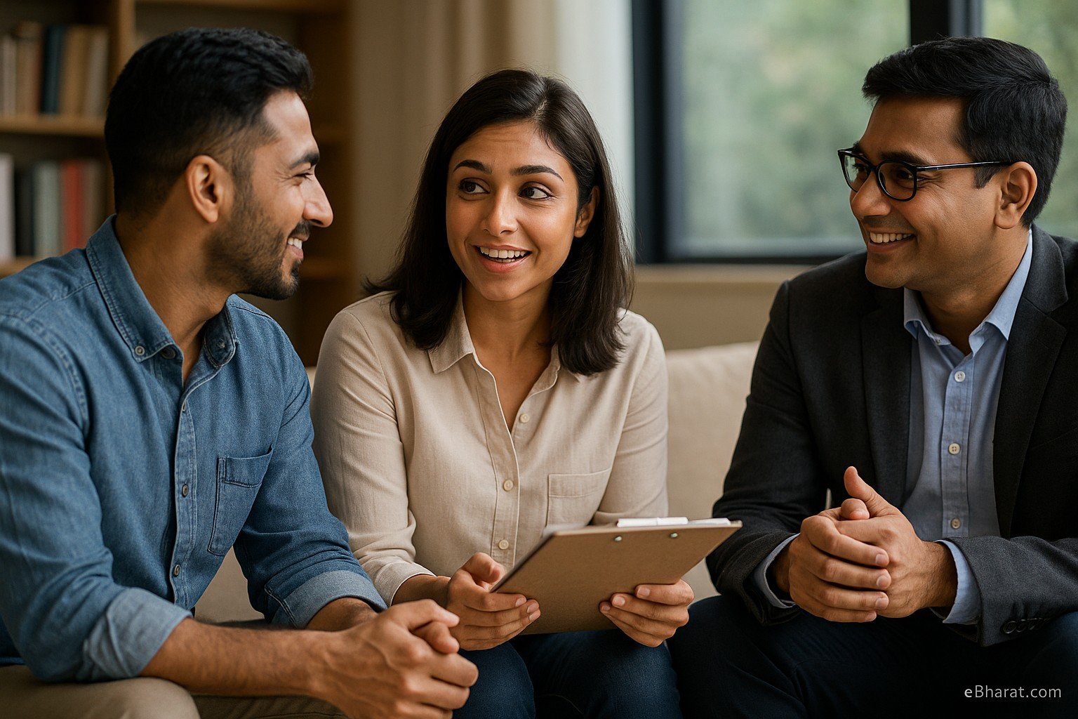 Three South Asian investors in casual-professional attire discussing financial strategies together, one holding a clipboard, symbolizing real ULIP investment stories.