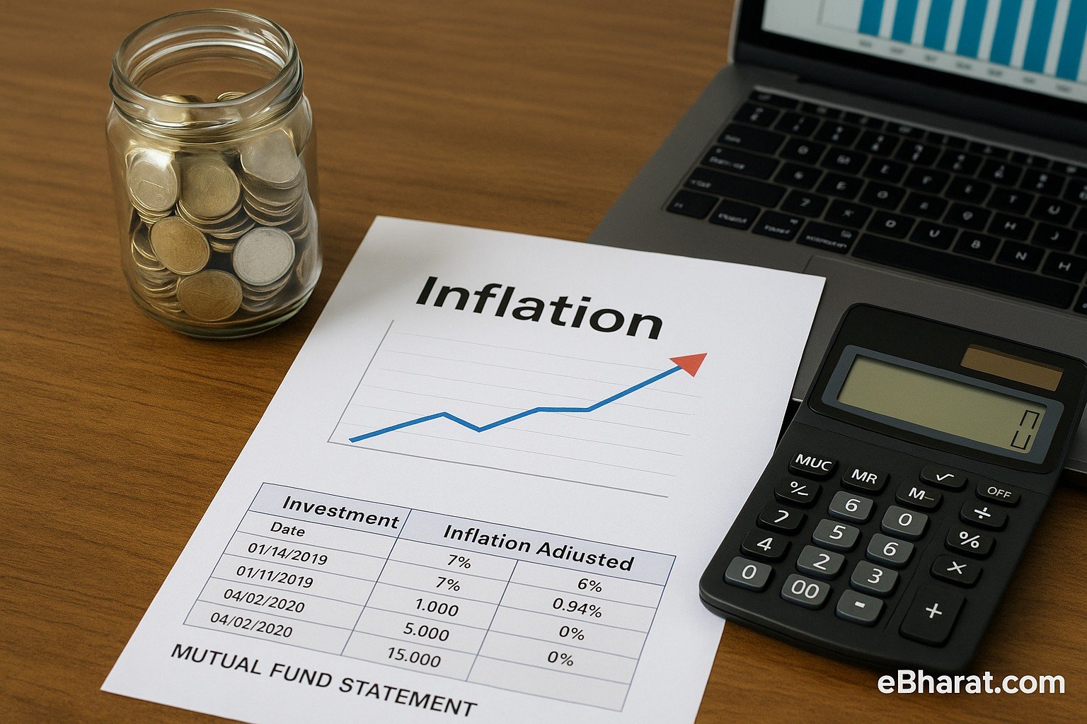 Desk with calculator, coins, printed inflation vs returns chart, and laptop showing investment growth graph — concept of real return and inflation-adjusted investing.