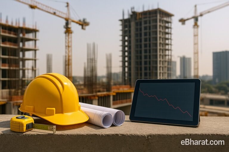 Yellow safety helmet, blueprints, and a tablet showing a falling price line on a real-estate construction site with cranes and half-built towers; eBharat.com watermark.