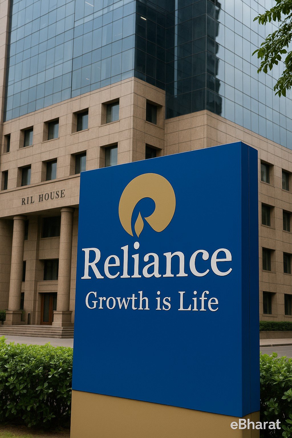 A daytime photo of Reliance Industries headquarters in Mumbai with symbols of oil refining, digital network lines, retail, and solar panels, showing its diverse businesses. Watermark “eBharat.com” at the bottom.