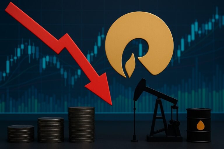 Desk with Reliance annual report, miniature oil barrel, gas pipeline model, and laptop showing candlestick stock chart, symbolizing Reliance share price and energy stocks.