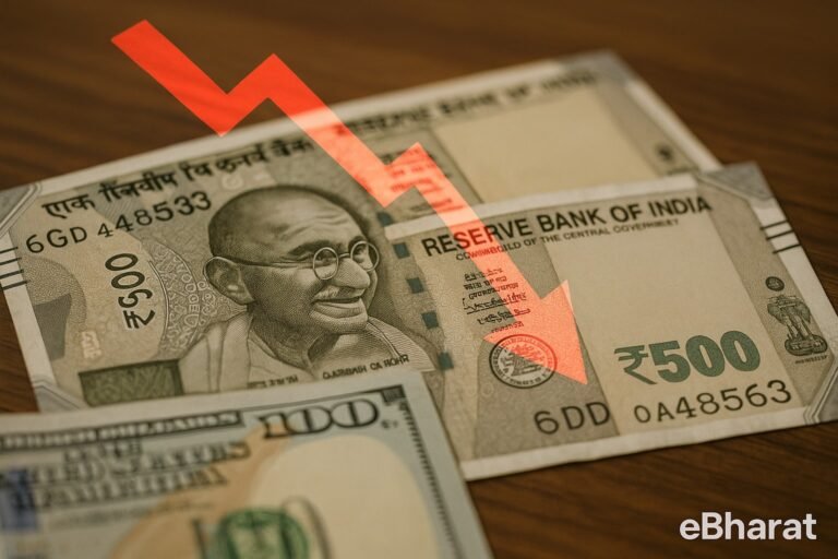 Close-up of Indian ₹500 notes with US dollar bill in background, depicting rupee weakness against the dollar.