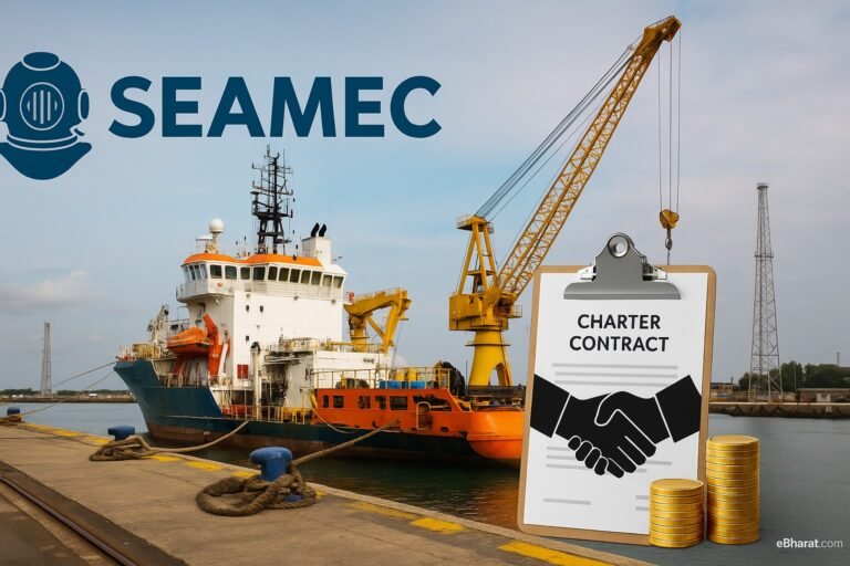 SEAMEC diving support vessel docked at port with crane in background, coins and handshake symbol representing vessel charter agreements.