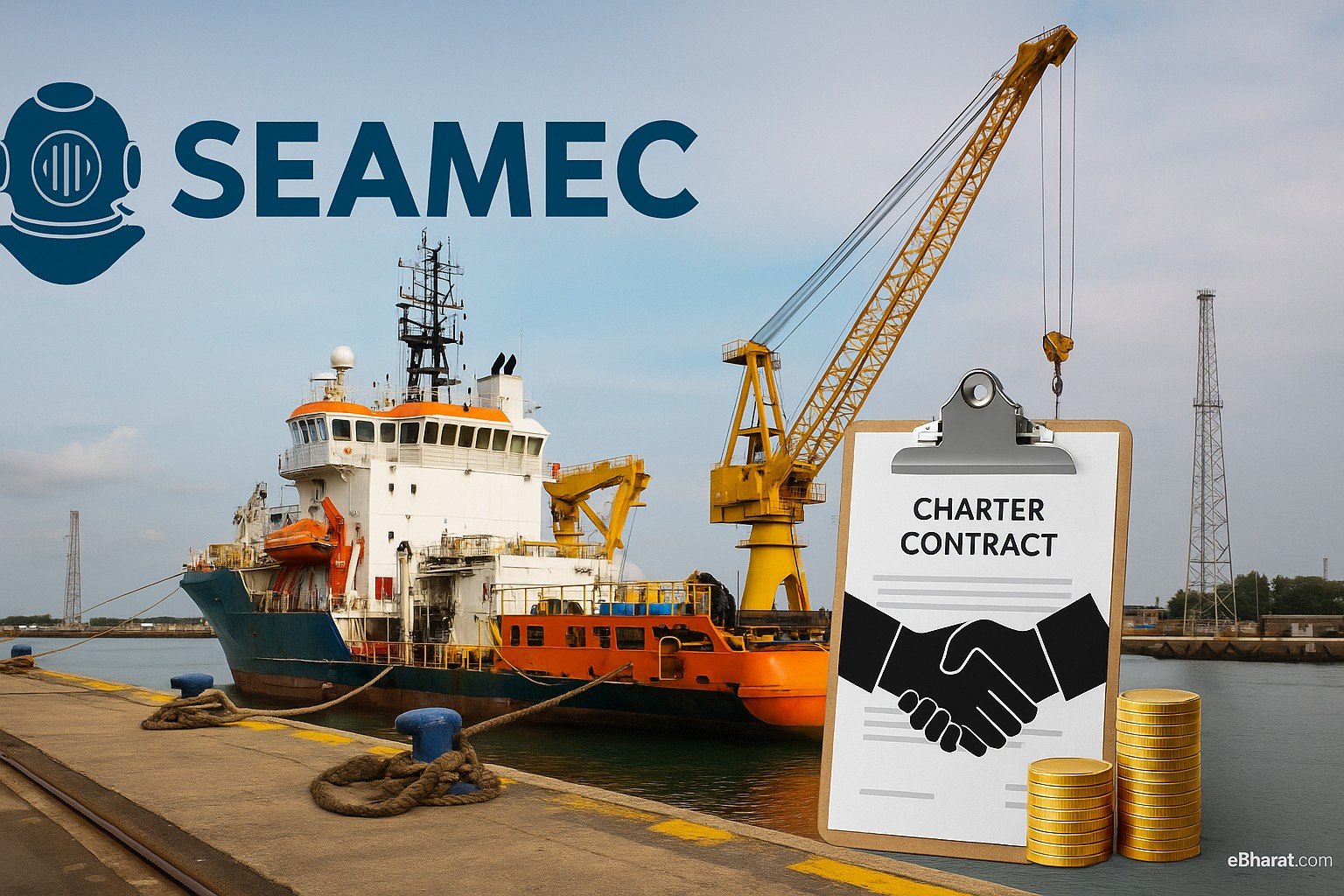 SEAMEC diving support vessel docked at port with crane in background, coins and handshake symbol representing vessel charter agreements.