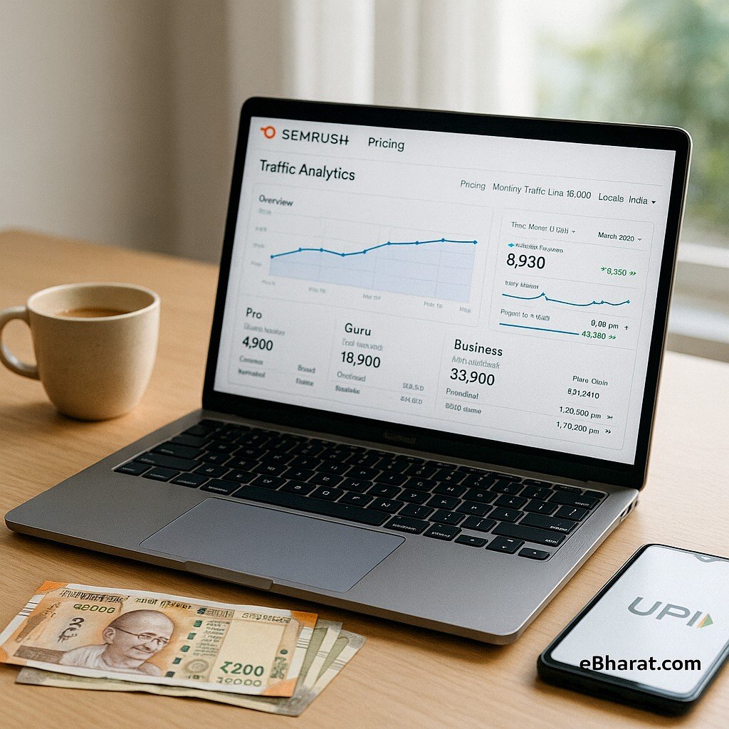 A realistic Indian office desk with a laptop open to SEMrush Traffic Analytics and pricing plans. On the desk are Indian rupee notes, a cup of chai, and a smartphone showing a UPI payment screen. eBharat.com watermark visible at the bottom-right.