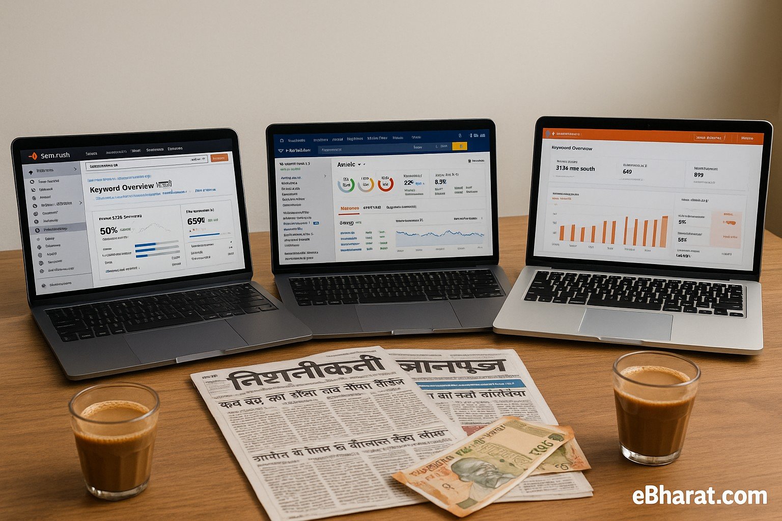 A realistic Indian office desk with three laptops side-by-side, each displaying SEO dashboards representing SEMrush, Ahrefs, and Ubersuggest. On the desk are Hindi newspapers, Indian rupee notes, and cups of chai. eBharat.com watermark is visible at the bottom-right.