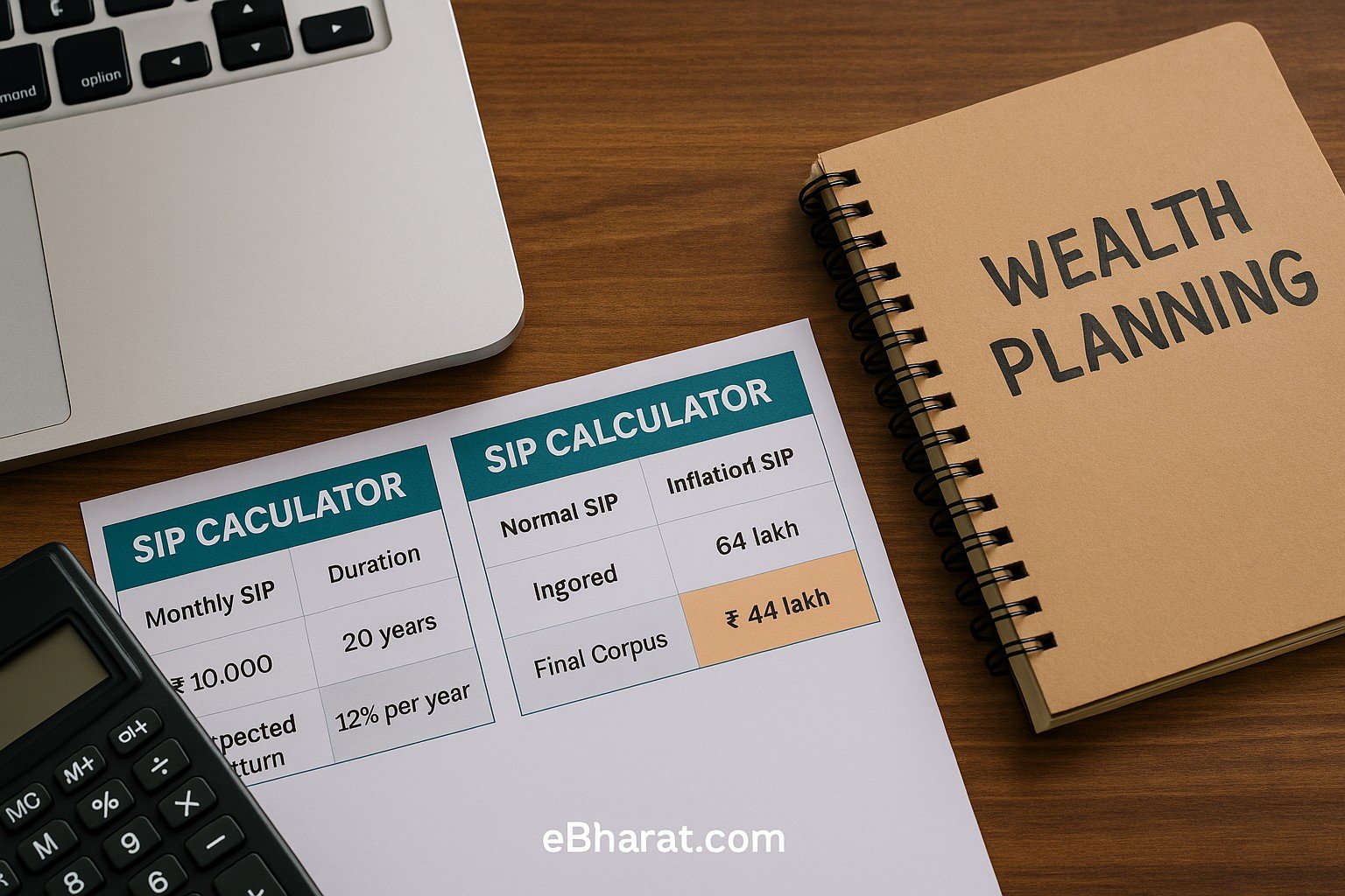 Desk with a jar of coins, calculator, notebook with financial notes, and a laptop showing an investment chart — concept of SIP calculator and inflation-adjusted investing.