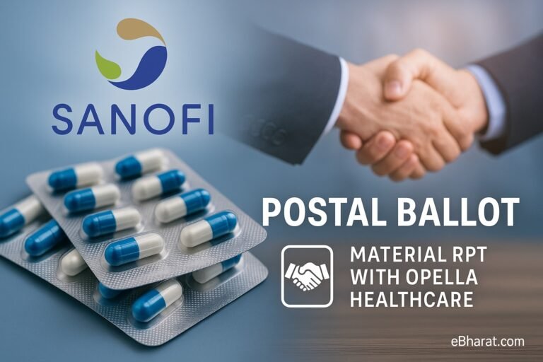 Sanofi logo with blister packs of capsules and a handshake symbolizing related-party transaction approval through postal ballot.