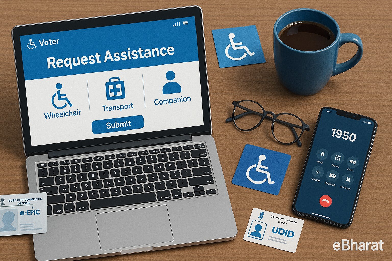 Laptop पर “Request Assistance”, फोन पर 1950 हेल्पलाइन, UDID/e-EPIC कार्ड, व्हीलचेयर आइकन और चाय—Senior/PwD मतदाताओं की सुलभ सेवाएँ दर्शाती इमेज।