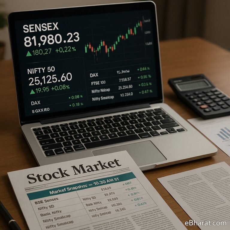 Laptop showing Sensex and Nifty live charts with stock market newspaper and calculator on desk — Indian market update.