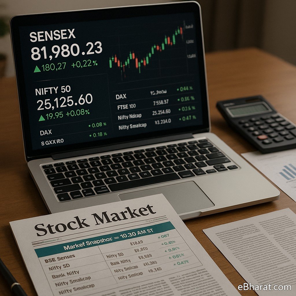 Laptop showing Sensex and Nifty live charts with stock market newspaper and calculator on desk — Indian market update.