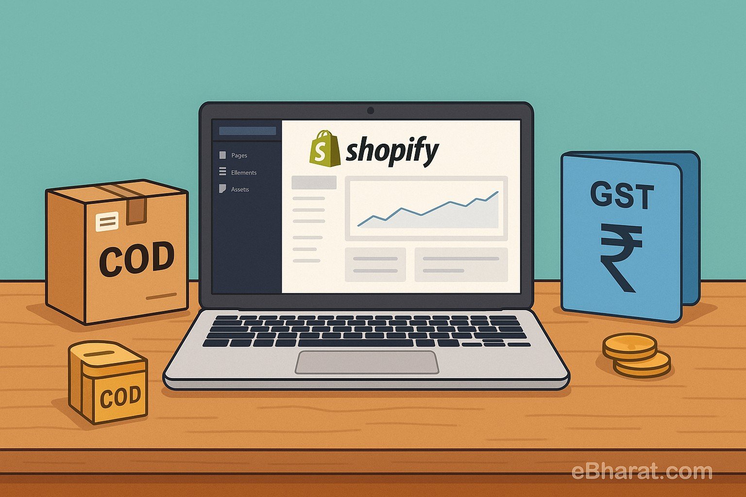 Laptop with Shopify dashboard open, COD parcel box, GST folder with rupee symbol, and coins on desk. Illustration for Shopify India COD, RTO & Returns guide.
