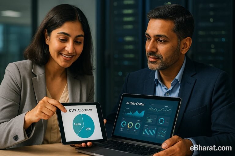Two South Asian professionals discussing ULIP allocation; one holds a tablet showing equity–debt split, while the other displays AI/data centre charts on a laptop.