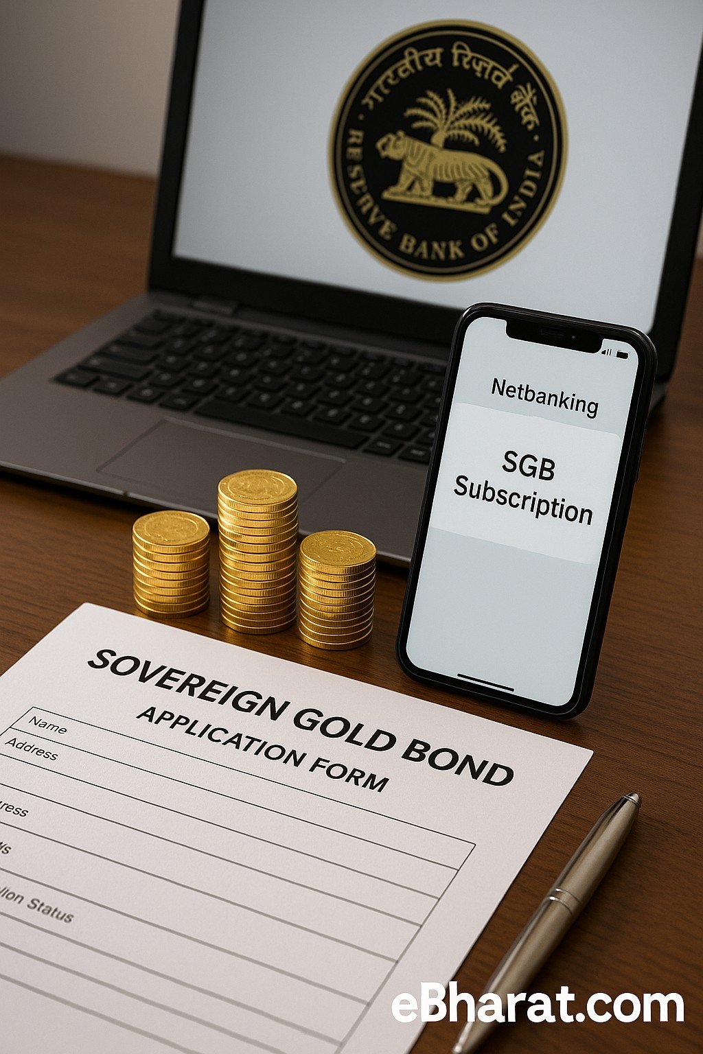 Realistic photo of Sovereign Gold Bond subscription setup: printed application form with pen, smartphone showing ‘Netbanking – SGB Subscription,’ stacked gold coins, and an RBI logo on a laptop screen. Watermark eBharat.com.