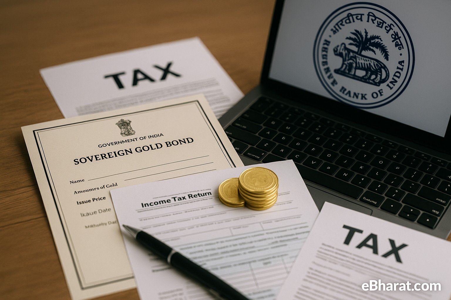 Realistic editorial photo showing Sovereign Gold Bond certificate, gold coins, calculator, and Indian Income Tax Return forms on a wooden desk with RBI logo on laptop. Watermark eBharat.com.