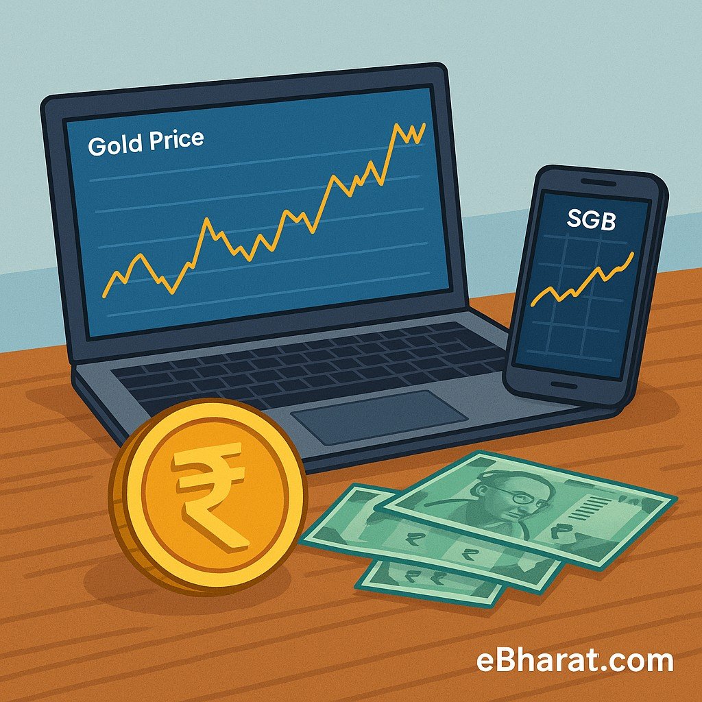 Laptop showing gold price chart, smartphone with gold candlestick chart, Indian rupee notes, and a symbolic gold coin on desk. Professional finance workspace illustration with watermark eBharat.com.