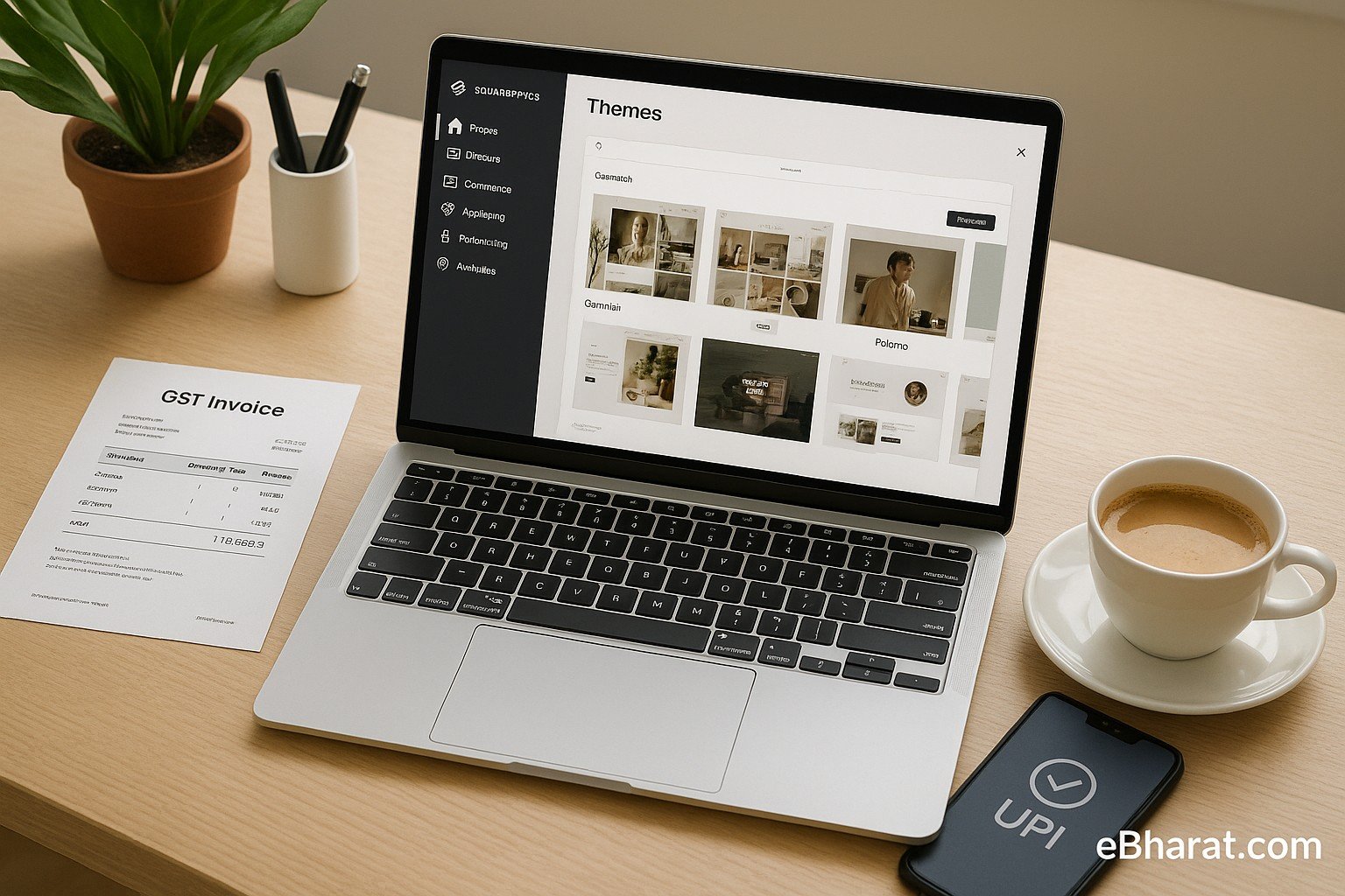 A realistic Indian workspace with a laptop showing the Squarespace dashboard and template gallery. On the desk are a printed GST invoice, a cup of chai, and a smartphone with a UPI payment app. eBharat.com watermark is visible at the bottom-right
