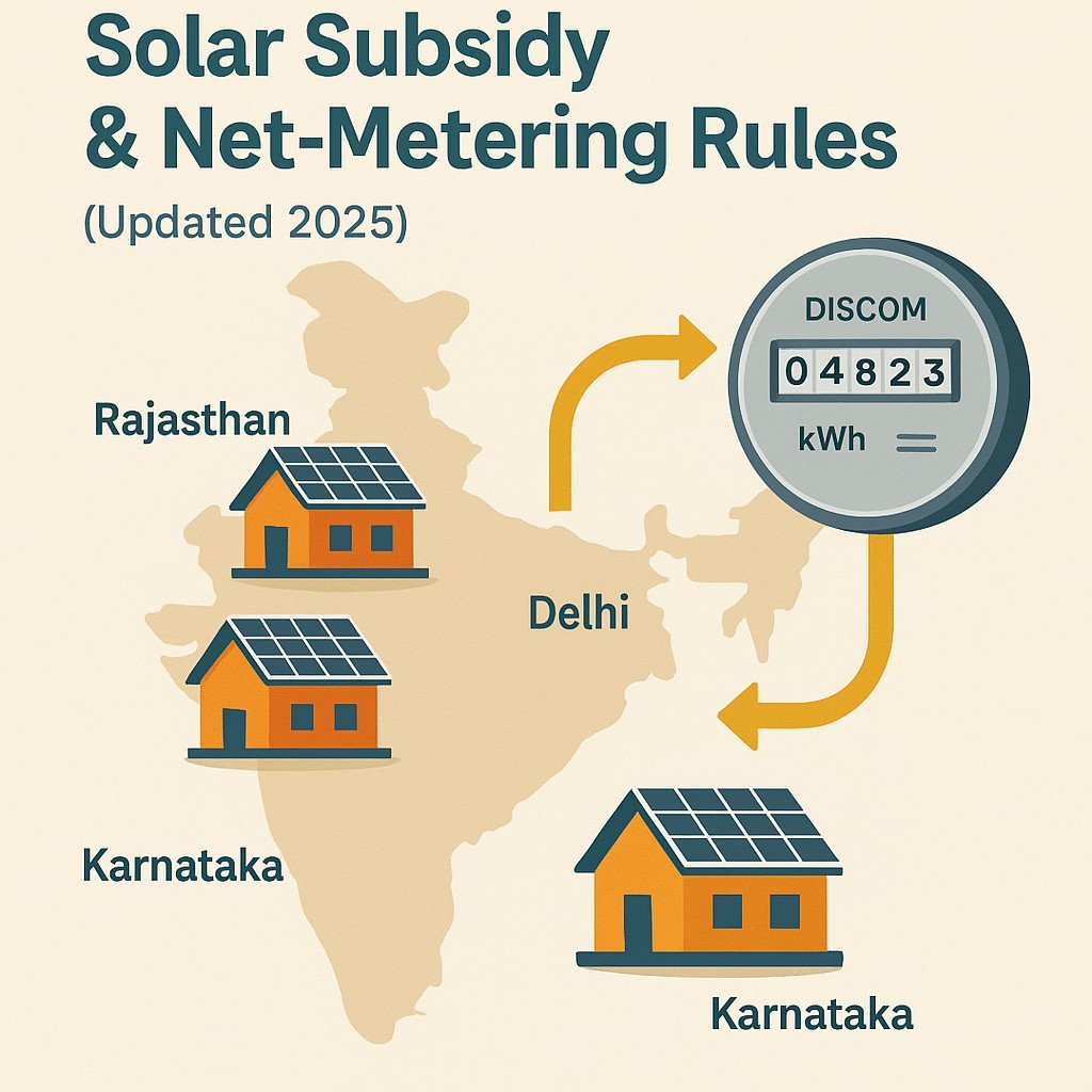 Illustration of India’s solar rooftop map showing state-wise subsidy and net-metering policies.