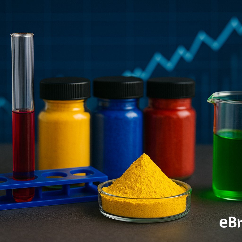 Bright powdered pigments displayed in trays with a stock market screen in the background, symbolizing Sudarshan Chemicals’ revenue growth.