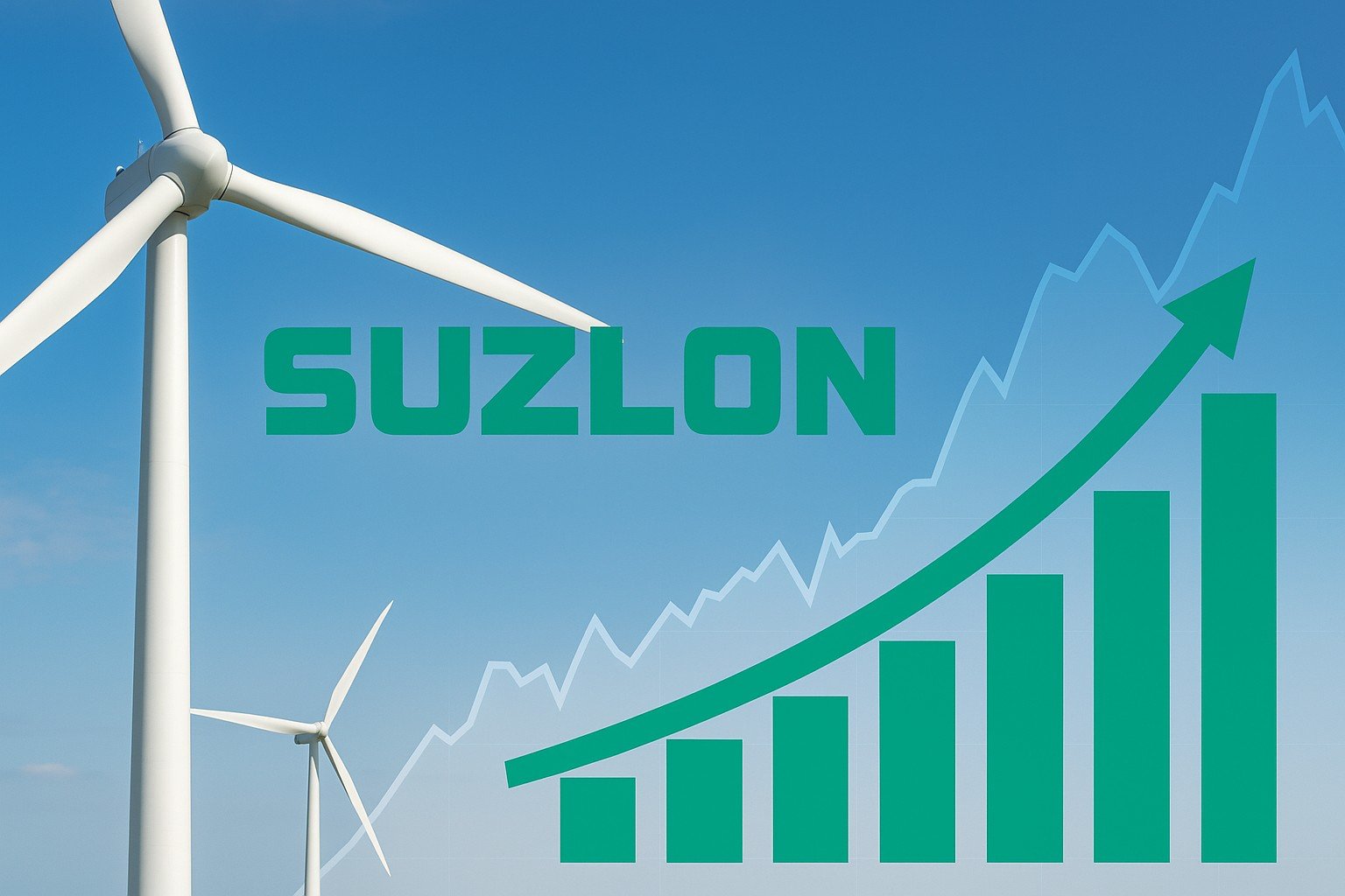 Illustration of Suzlon wind turbine with rising green growth chart, rupee coin, and eBharat.com watermark, symbolizing clean energy growth and strong financial outlook.