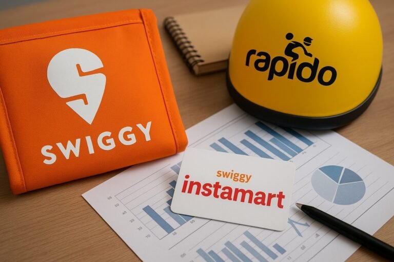 Swiggy bag, Rapido helmet, and Instamart card placed on a desk with financial charts, symbolizing Swiggy’s restructuring.