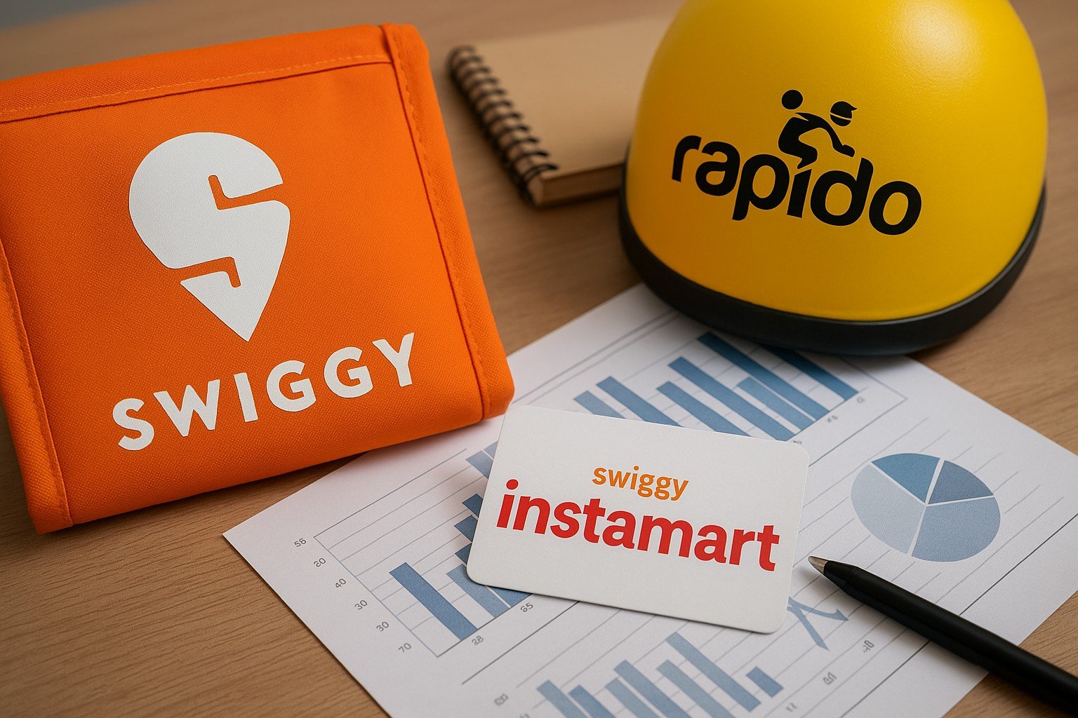 Swiggy bag, Rapido helmet, and Instamart card placed on a desk with financial charts, symbolizing Swiggy’s restructuring.