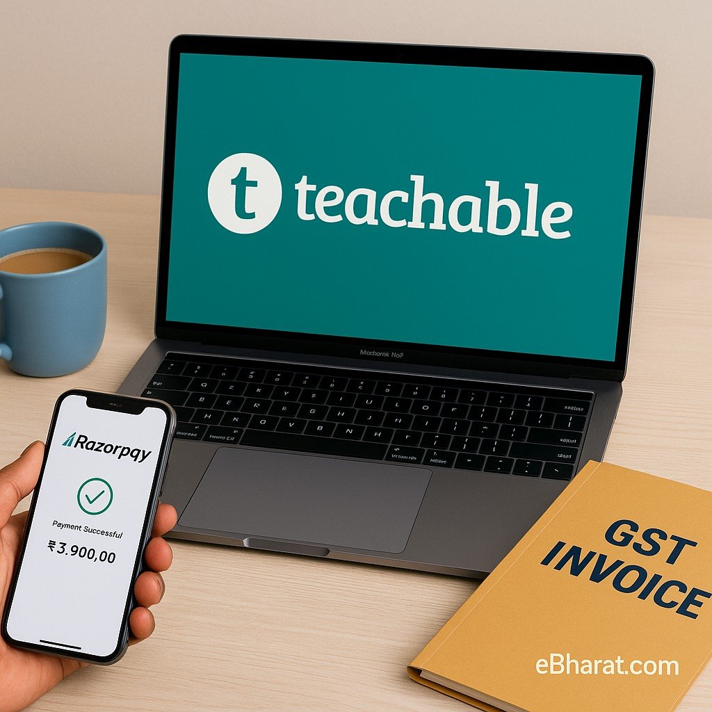 Laptop with Teachable logo on screen, smartphone showing Razorpay payment success, and a printed GST invoice file on an Indian educator’s desk with a cup of chai — eBharat.com watermark