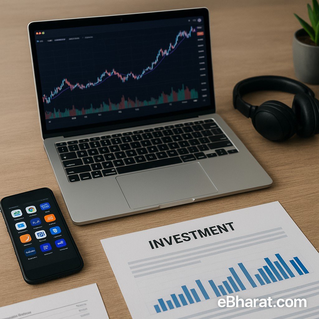 Workspace with laptop showing stock charts, smartphone displaying finance apps, printed market research reports, calculator, and coffee mug — concept of tracking and research tools for investors.