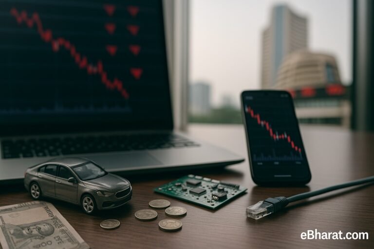 Laptop and phone showing downward candlestick charts on a desk with a toy car, PCB, coins and rupee note; BSE building blurred in the background.