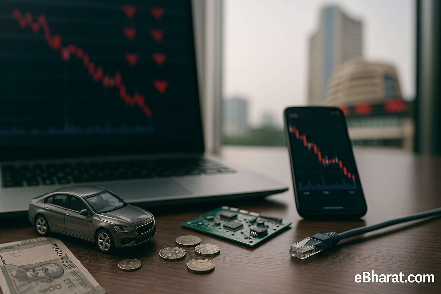 Laptop and phone showing downward candlestick charts on a desk with a toy car, PCB, coins and rupee note; BSE building blurred in the background.