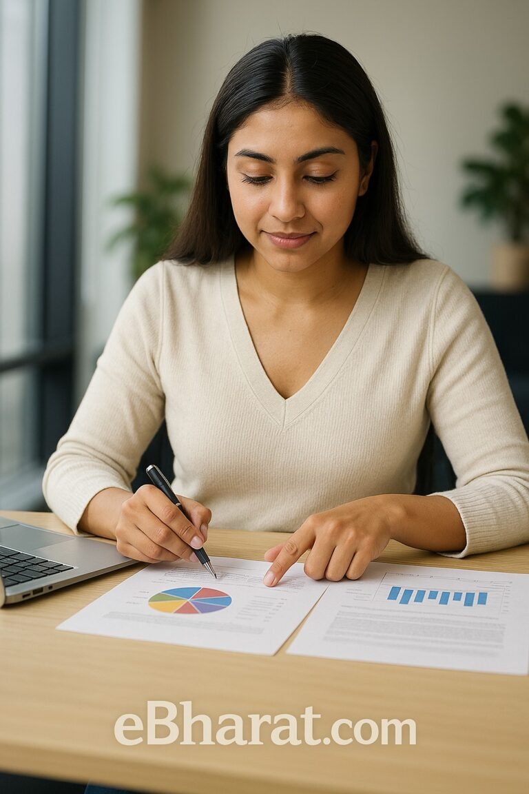 A young South Asian woman at a desk reviewing financial charts, pointing to a pie chart and bar graph, symbolizing ULIP fund mix analysis for 2025.