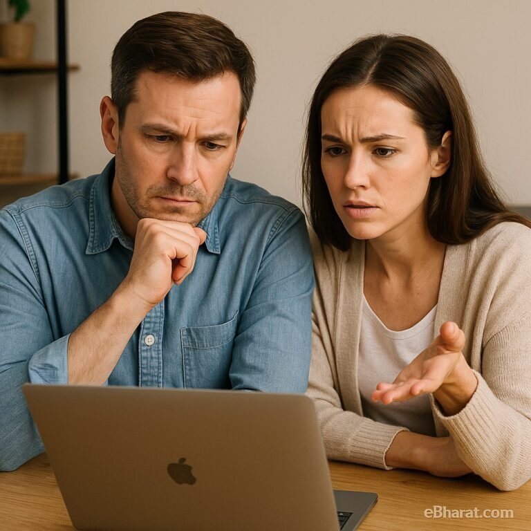 A man and woman sitting at a desk, seriously analyzing a laptop screen together, symbolizing investors evaluating ULIP myths vs reality.