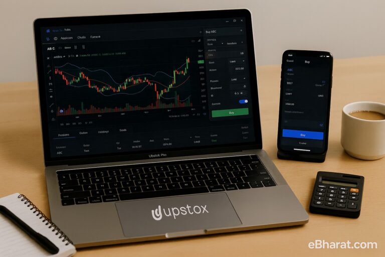 Trading workspace with laptop showing Upstox Pro charts and smartphone app, alongside a notepad, calculator, and cup of chai.