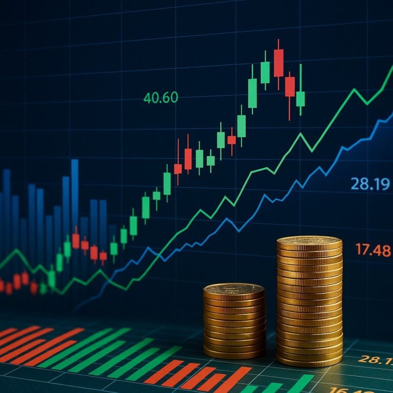 Desk with metallic ingots, medicine blister packs, and transmission tower blueprint with stock market charts in the background, symbolizing Vedanta, Alkem Labs, and KEC International.