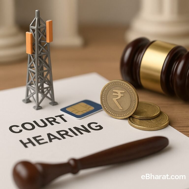 Editorial photo with a telecom tower model, SIM card, rupee coins, and judge’s gavel on a legal document, symbolizing Vodafone Idea’s AGR dues hearing.