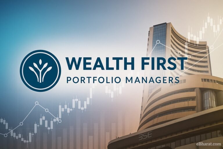 Wealth First Portfolio Managers logo with financial reports, charts, and a faint BSE building silhouette, symbolizing its listing under the B group