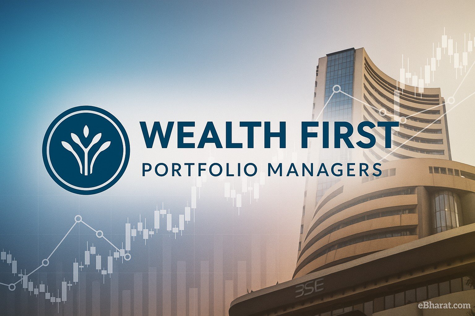 Wealth First Portfolio Managers logo with financial reports, charts, and a faint BSE building silhouette, symbolizing its listing under the B group