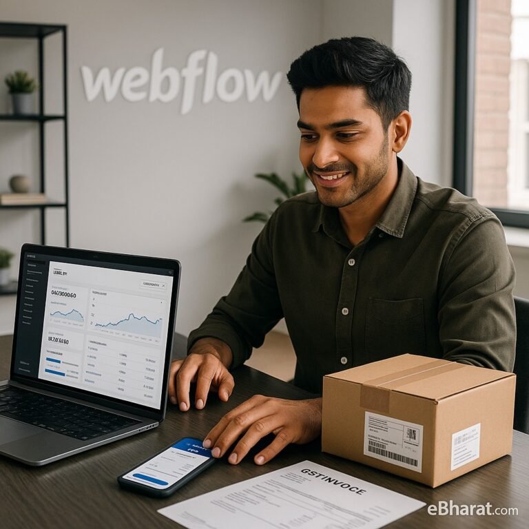 Young Indian entrepreneur setting up Webflow Ecommerce with Razorpay payments, GST invoice, and shipping integration in 2025.