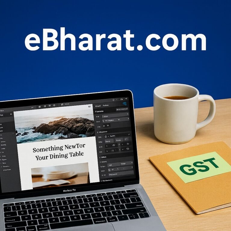 Webflow India Review 2025 – Laptop with Webflow dashboard, GST invoice file, coffee mug on desk, and eBharat.com watermark.